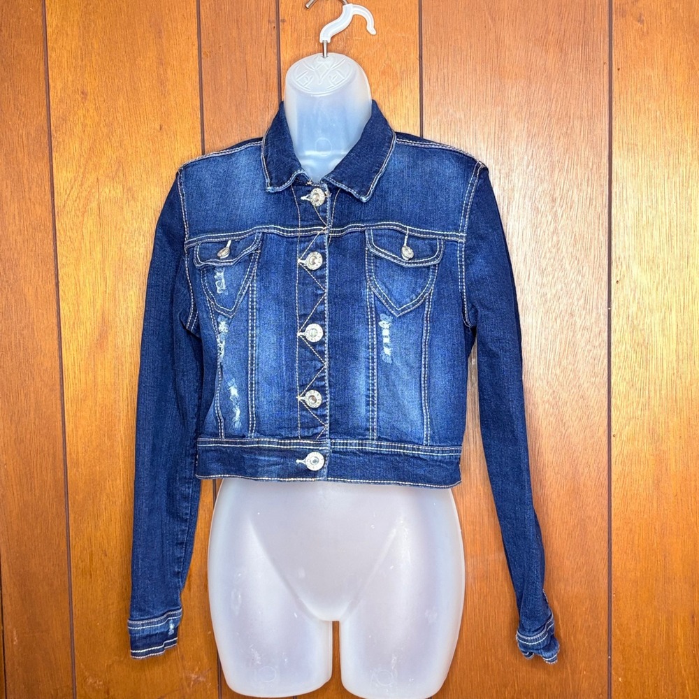 Amethyst Denim Jacket Womens M Blue Distressed Cropped Boho Y2K Fairy Grunge